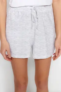 TRENDYOLMİLLA White Cotton Striped Slogan Printed OF shorts Knitting Pajama Set - Image 5
