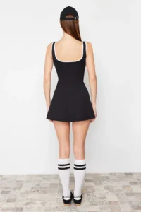 TRENDYOLMİLLA Black Piping Detailed 2 Layer Tennis Knitting Sports Dress with Shorts - Image 6