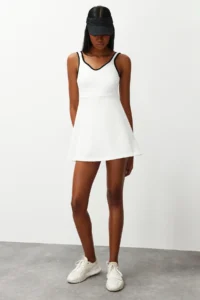TRENDYOLMİLLA White Piping Detailed 2 Layer Tennis Knitting Sports Dress with Shorts Inside - Image 3