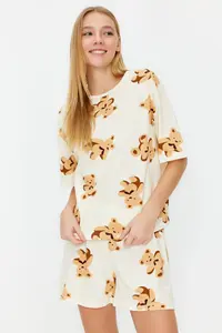 TRENDYOLMİLLA Ecru 100% Cotton Teddy Bear OF shorts Knitting Pajama Set - Image 2