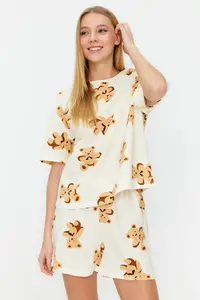 TRENDYOLMİLLA Ecru 100% Cotton Teddy Bear OF shorts Knitting Pajama Set - Image 3
