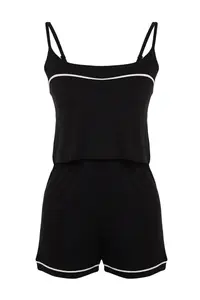 TRENDYOLMİLLA Black Bias Detailed Rope Sleeveless Viscose OF shorts Knitting Pajama Set - Image 7