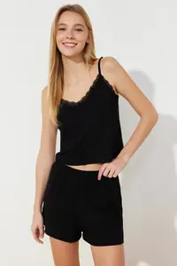 TRENDYOLMİLLA Black Lace Rope Sleeveless Viscose OF shorts Knitting Pajama Set - Image 2