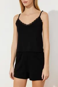 TRENDYOLMİLLA Black Lace Rope Sleeveless Viscose OF shorts Knitting Pajama Set - Image 4
