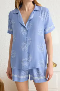 TRENDYOLMİLLA Mavi-Multicolored Galaxy Patterned Viscose OF shorts Weaving Pajama Set - Image 3