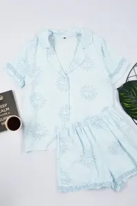 TRENDYOLMİLLA Mavi Galaxy Patterned Viscose OF shorts Weaving Pajama Set - Image 3