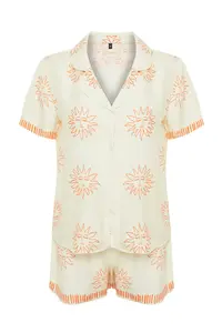 TRENDYOLMİLLA Ecru-Orange Güneş Patterned Viscose OF shorts Weaving Pajama Set - Image 7