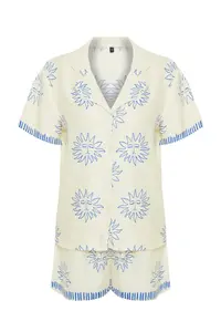 TRENDYOLMİLLA Ecru-Navy Blue Sun Patterned Viscose OF shorts Weaving Pajama Set - Image 7