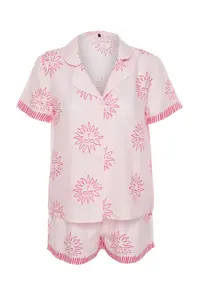 TRENDYOLMİLLA Pink Güneş Patterned Viscose OF shorts Weaving Pajama Set - Image 7