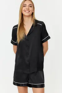 TRENDYOLMİLLA Black Piping Detailed Satin OF shorts Weaving Pajama Set - Image 2