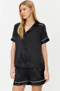 TRENDYOLMİLLA Black Piping Detailed Satin OF shorts Weaving Pajama Set - Image 3