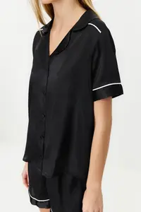 TRENDYOLMİLLA Black Piping Detailed Satin OF shorts Weaving Pajama Set - Image 5