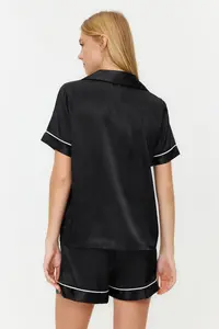 TRENDYOLMİLLA Black Piping Detailed Satin OF shorts Weaving Pajama Set - Image 7