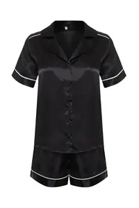 TRENDYOLMİLLA Black Piping Detailed Satin OF shorts Weaving Pajama Set - Image 8