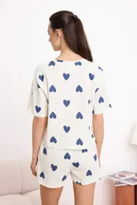 TRENDYOLMİLLA Ecru 100% Cotton Kalpli OF shorts Knitting Pajama Set - Image 4