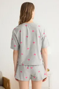 TRENDYOLMİLLA Gray 100% Cotton Kalpli OF shorts Knitting Pajama Set - Image 4