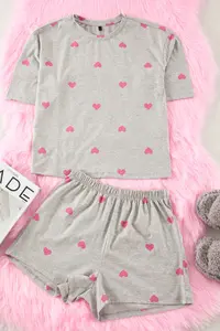 TRENDYOLMİLLA Gray 100% Cotton Kalpli OF shorts Knitting Pajama Set - Image 5