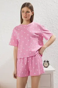 TRENDYOLMİLLA Pink 100% Cotton Kalpli OF shorts Knitting Pajama Set - Image 2