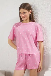 TRENDYOLMİLLA Pink 100% Cotton Kalpli OF shorts Knitting Pajama Set - Image 3