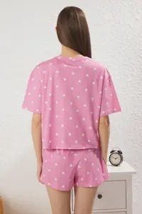 TRENDYOLMİLLA Pink 100% Cotton Kalpli OF shorts Knitting Pajama Set - Image 5