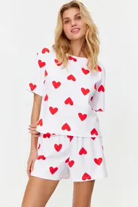TRENDYOLMİLLA White 100% Cotton Kalpli OF shorts Knitting Pajama Set - Image 2