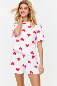 TRENDYOLMİLLA White 100% Cotton Kalpli OF shorts Knitting Pajama Set - Image 3