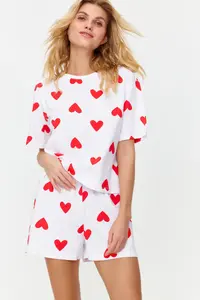 TRENDYOLMİLLA White 100% Cotton Kalpli OF shorts Knitting Pajama Set - Image 4