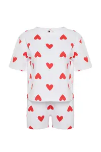 TRENDYOLMİLLA White 100% Cotton Kalpli OF shorts Knitting Pajama Set - Image 8