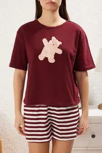 TRENDYOLMİLLA Burgundy 100% Cotton Teddy Bear OF shorts Knitting Pajama Set - Image 3
