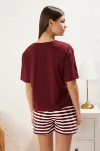 TRENDYOLMİLLA Burgundy 100% Cotton Teddy Bear OF shorts Knitting Pajama Set - Image 5