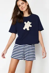 TRENDYOLMİLLA Navy Blue 100% Cotton Teddy Bear OF shorts Knitting Pajama Set - Image 2