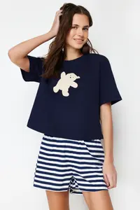 TRENDYOLMİLLA Navy Blue 100% Cotton Teddy Bear OF shorts Knitting Pajama Set - Image 3