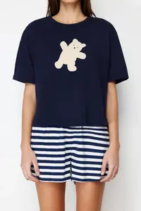 TRENDYOLMİLLA Navy Blue 100% Cotton Teddy Bear OF shorts Knitting Pajama Set - Image 4