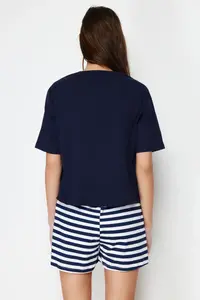 TRENDYOLMİLLA Navy Blue 100% Cotton Teddy Bear OF shorts Knitting Pajama Set - Image 6