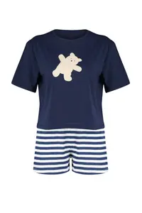 TRENDYOLMİLLA Navy Blue 100% Cotton Teddy Bear OF shorts Knitting Pajama Set - Image 7