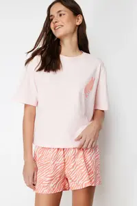 TRENDYOLMİLLA Pink 100% Cotton Zebra Printed OF shorts Knitting Pajama Set - Image 2
