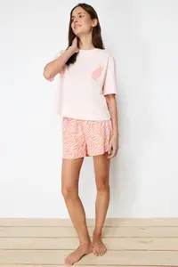 TRENDYOLMİLLA Pink 100% Cotton Zebra Printed OF shorts Knitting Pajama Set - Image 3