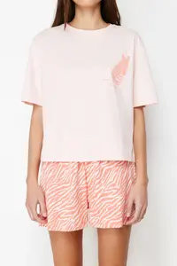 TRENDYOLMİLLA Pink 100% Cotton Zebra Printed OF shorts Knitting Pajama Set - Image 4