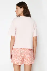 TRENDYOLMİLLA Pink 100% Cotton Zebra Printed OF shorts Knitting Pajama Set - Image 6