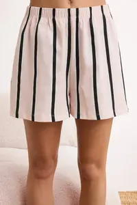 TRENDYOLMİLLA Powder Pink 100% Cotton Striped OF shorts Knitting Pajama Set - Image 3