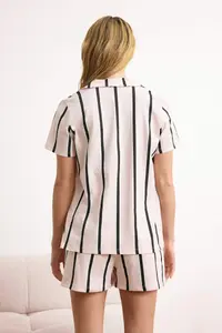 TRENDYOLMİLLA Powder Pink 100% Cotton Striped OF shorts Knitting Pajama Set - Image 4