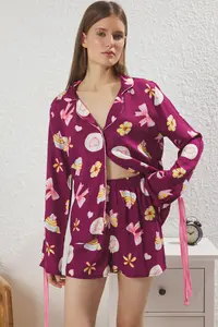 TRENDYOLMİLLA Plum tied up/Ribbon/with bow and Piped Viscose OF shorts Weaving Pajama Set