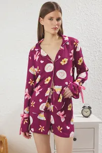 TRENDYOLMİLLA Plum tied up/Ribbon/with bow and Piped Viscose OF shorts Weaving Pajama Set - Image 2
