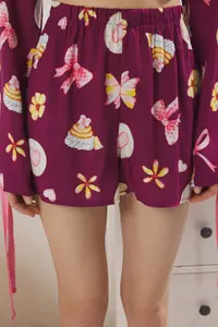 TRENDYOLMİLLA Plum tied up/Ribbon/with bow and Piped Viscose OF shorts Weaving Pajama Set - Image 3