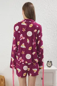 TRENDYOLMİLLA Plum tied up/Ribbon/with bow and Piped Viscose OF shorts Weaving Pajama Set - Image 4