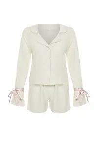 TRENDYOLMİLLA Ecru tied up/Ribbon/with bow and Piped Viscose OF shorts Weaving Pajama Set - Image 7