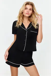 TRENDYOLMİLLA Black Piping Detailed Viscose OF shorts Weaving Pajama Set
