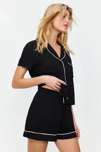 TRENDYOLMİLLA Black Piping Detailed Viscose OF shorts Weaving Pajama Set - Image 3