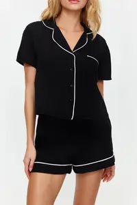 TRENDYOLMİLLA Black Piping Detailed Viscose OF shorts Weaving Pajama Set - Image 4