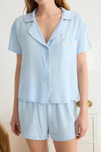 TRENDYOLMİLLA Mavi Piping Detailed Viscose OF shorts Weaving Pajama Set - Image 3